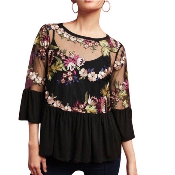 Anthropologie Tops - Eri + Ali Anthro embroidered mesh peplum blouse